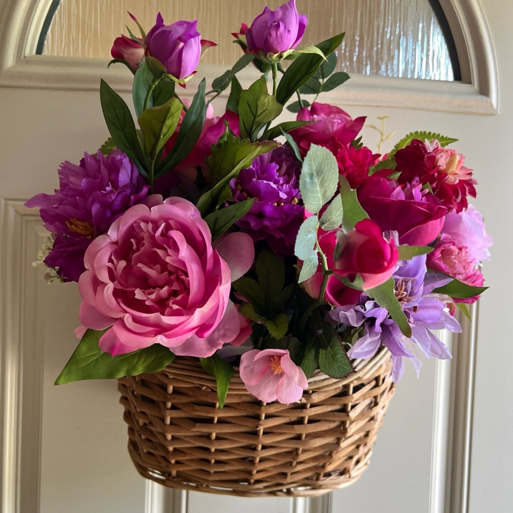 Wall Hanging Basket With Hand Crafted Pink and Purple Faux Florals Accent